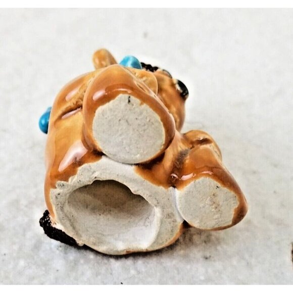 Hand made Painted Ceramic Brown Bear With‎ Blue Bow initialed JN brown fur - Picture 5 of 10